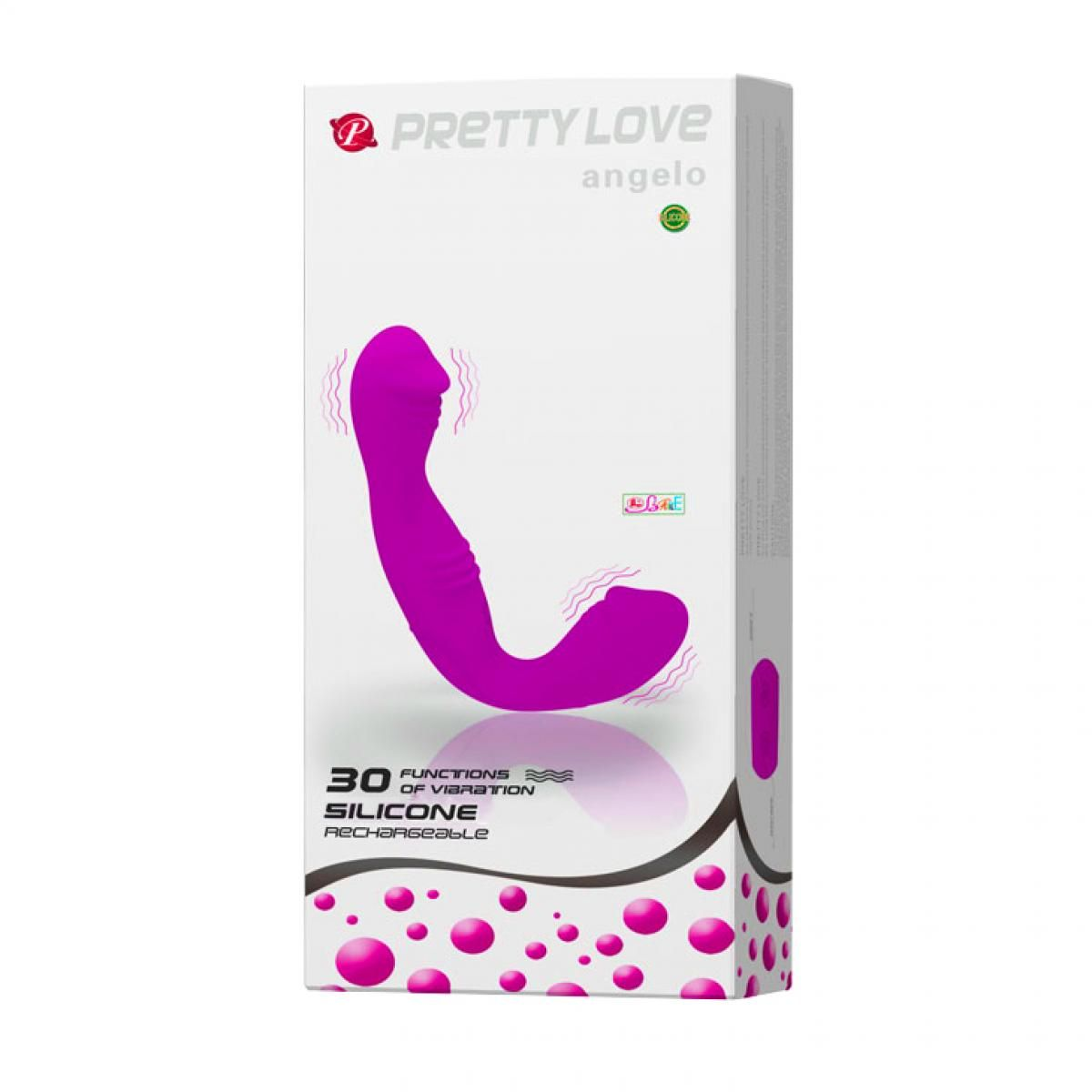 Eine Box mit einem lila Sexspielzeug darauf. Auf der Box stehen die Worte 'Pretty Love' und 'angelo'. Unten befinden sich rosa Kreise.