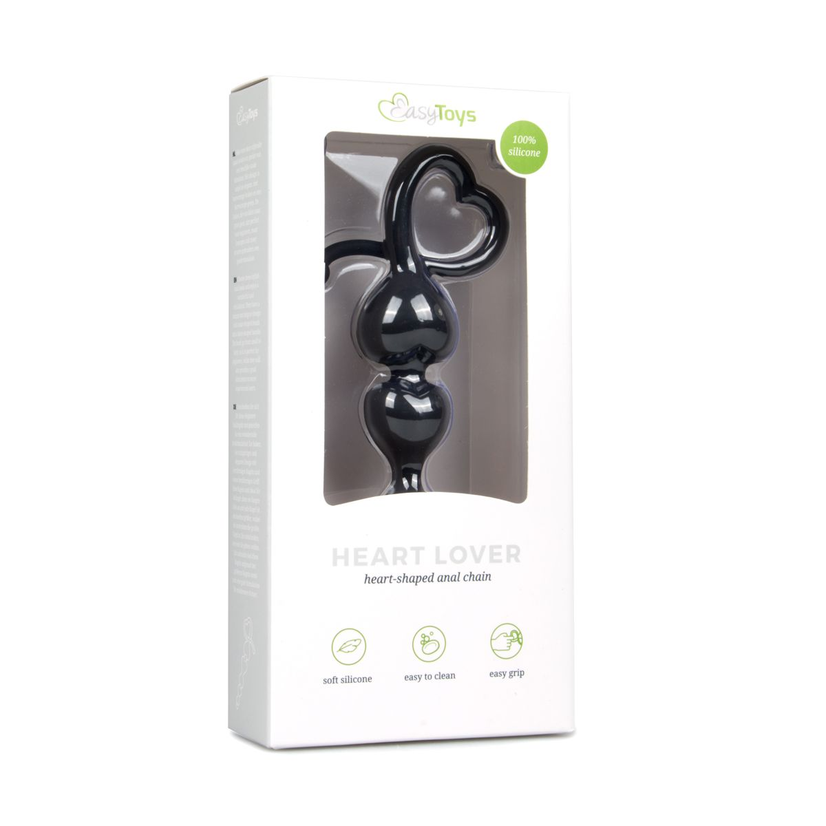 Eine schwarze, herzförmige Analkette in einer weißen Box. Auf der Box steht "HEART LOVER" und das "EasyToys"-Logo. Es steht "100% Silikon".