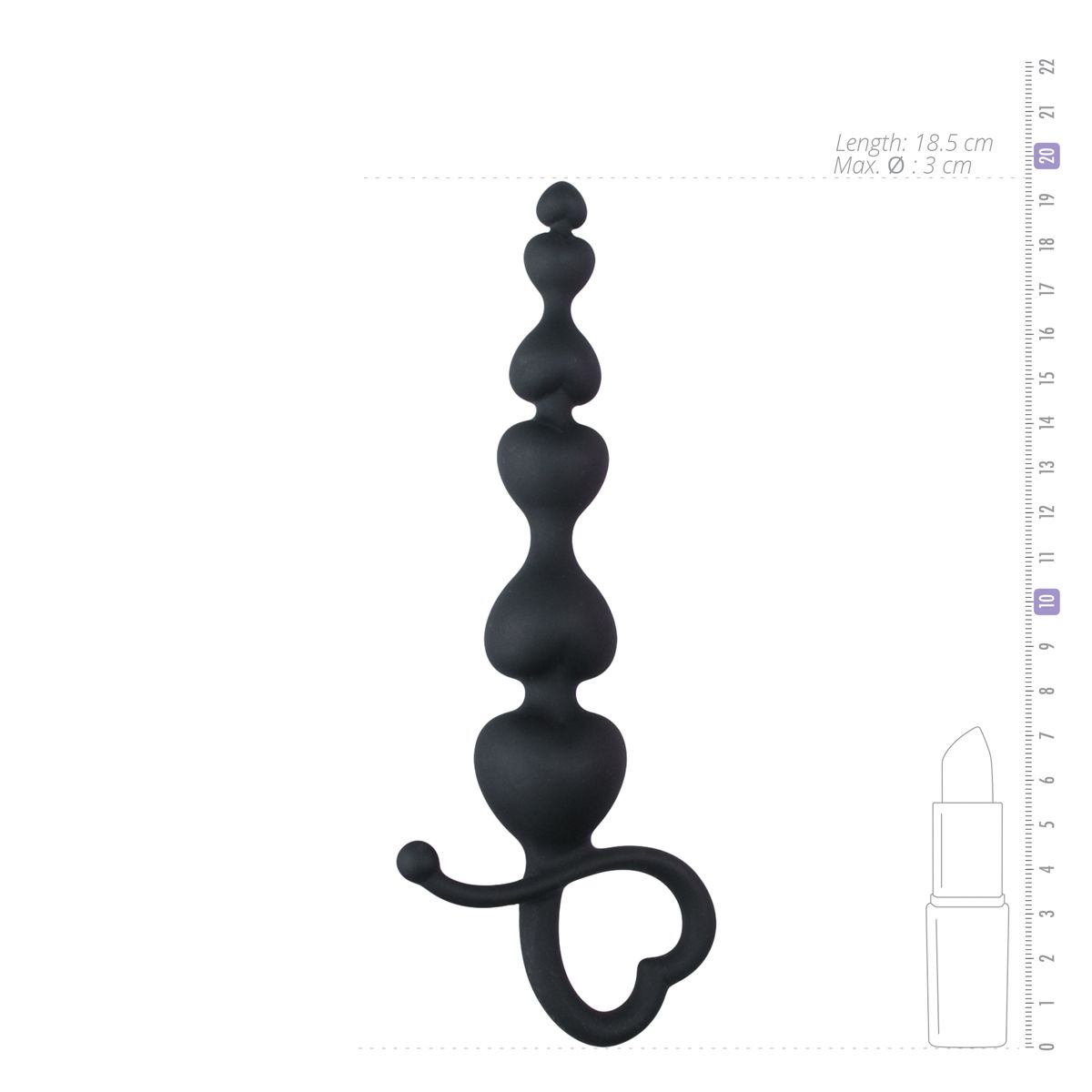 Ein schwarzes Analtoy mit herzförmiger Basis und bauchigen Formen, neben einem Lippenstift zum Maßstab. Länge 18,5 cm, max. Ø 3 cm.