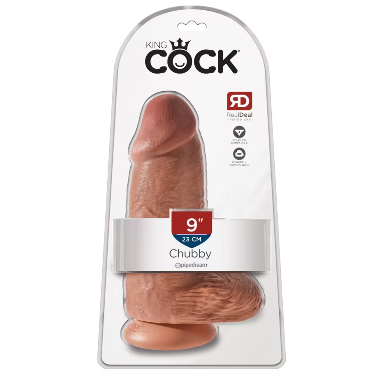 Ein brauner Dildo in einer transparenten Verpackung. Auf dem Etikett steht 'King Cock', '9"/23 CM Chubby'. Merkmale sind 'RealDeal', Strap-on und Saugfuß.