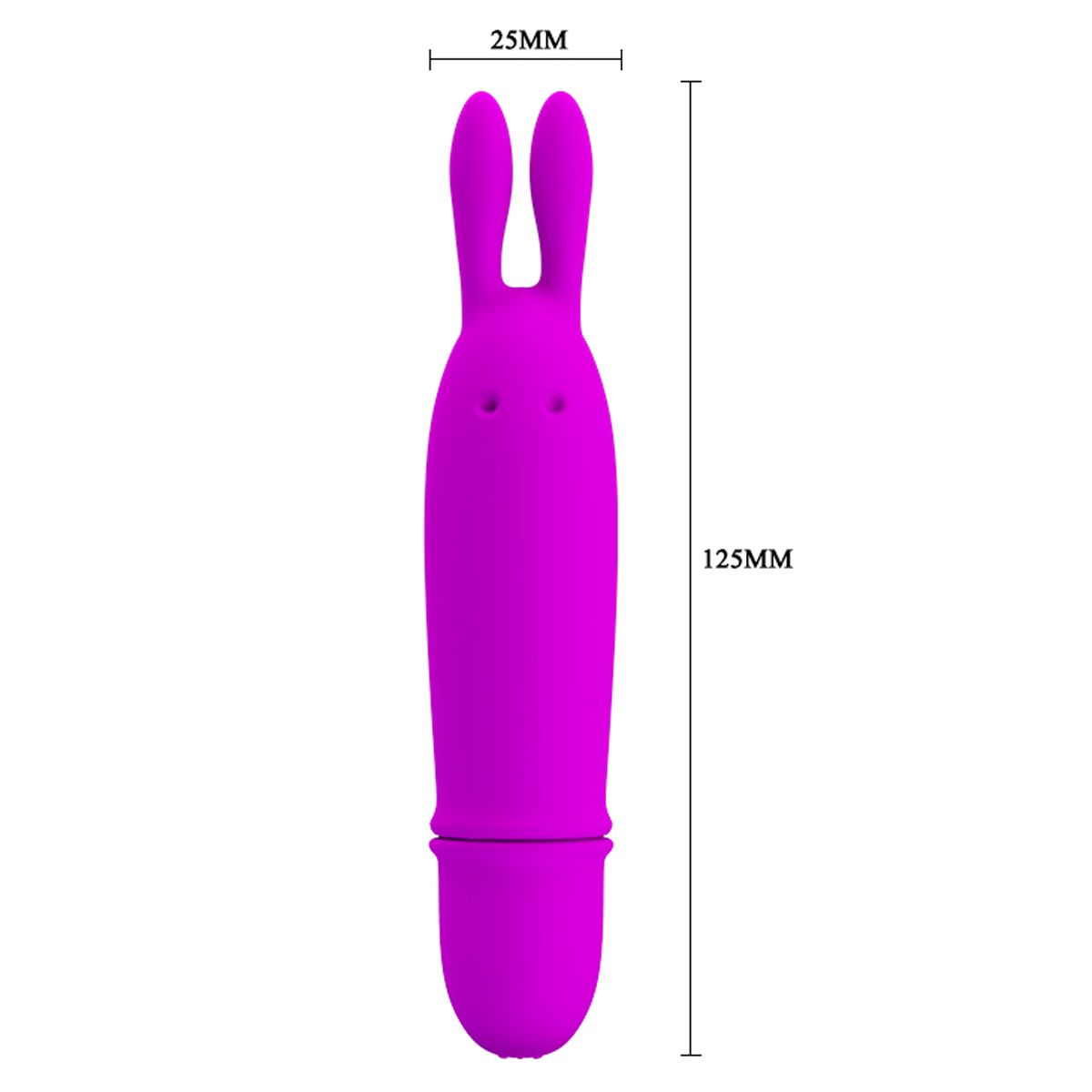 Ein lila Vibrator in Hasenform mit einem 25 mm Kopf und einer Länge von 125 mm.