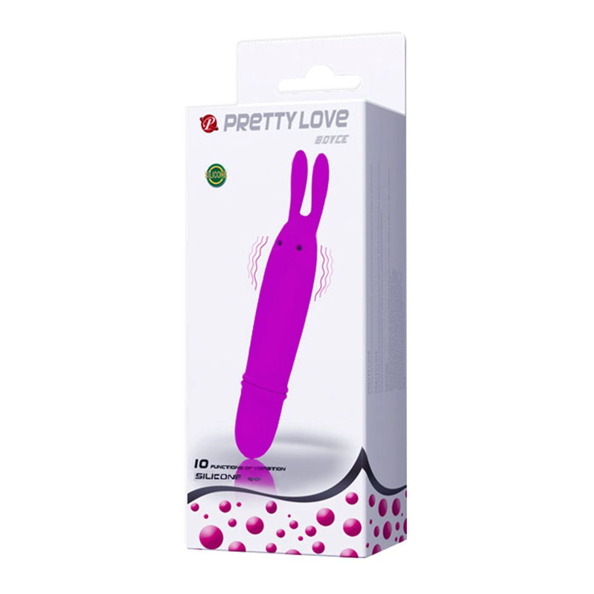 Ein lila, hasenförmiges Sexspielzeug wird in seiner Verpackung gezeigt. Auf der Box stehen die Worte Pretty Love und Boyce. Die Box ist weiß und lila.