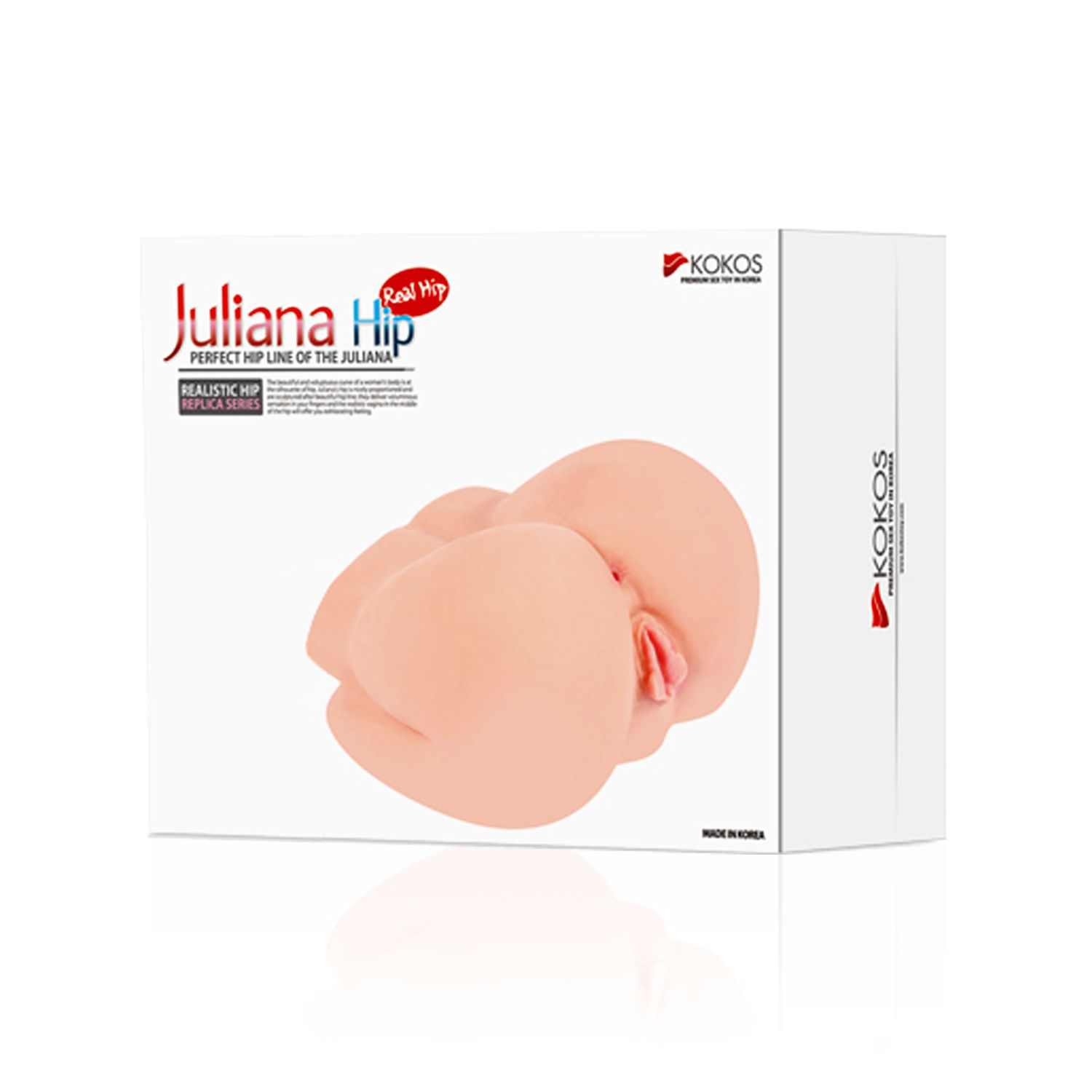 Eine Produktverpackung für ein Sexspielzeug mit einer realistischen Nachbildung weiblicher Genitalien. Die Box ist weiß mit Text und Logos.