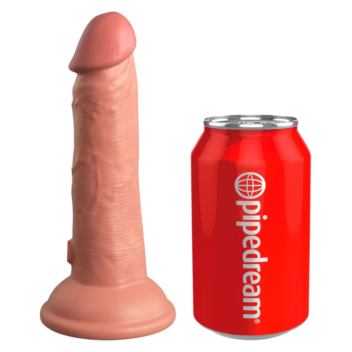Ein fleischfarbener Dildo steht neben einer roten Pipedream-Dose. Der Dildo ist strukturiert und hat einen abgerundeten Kopf. Die Dose glänzt.