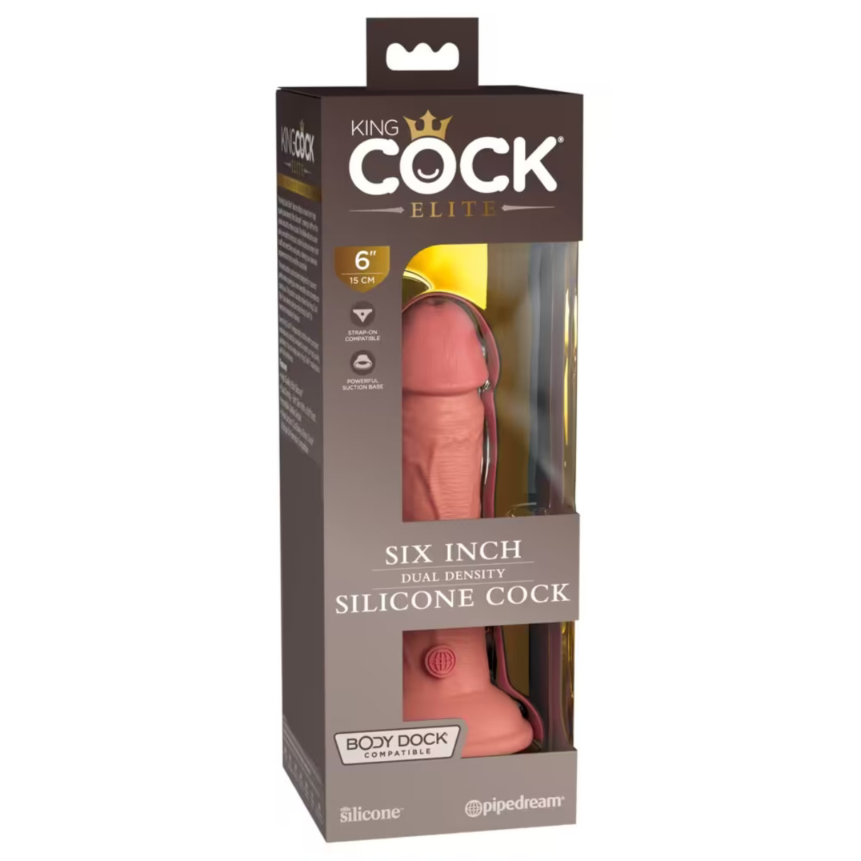 Ein rosa Sexspielzeug aus Silikon ist in einer Schachtel verpackt, die Produktdetails enthält. Die Schachtel ist dunkel mit dem Markennamen 'King Cock'.