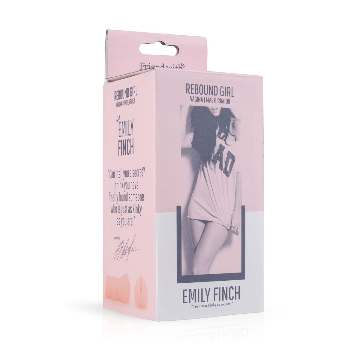 Eine rosa Schachtel mit der Aufschrift 'Rebound Girl' und 'Emily Finch'. Sie zeigt eine Frau in einem T-Shirt und den Text 'Ich bin genauso versaut'.