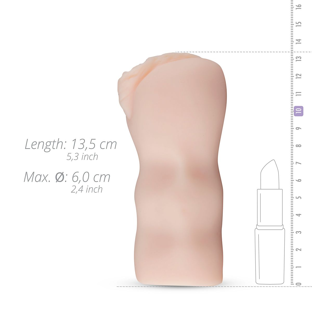 Ein hautfarbenes Sexspielzeug mit Größenangaben. Ein Lineal und ein Lippenstift sind zum Größenvergleich daneben platziert.