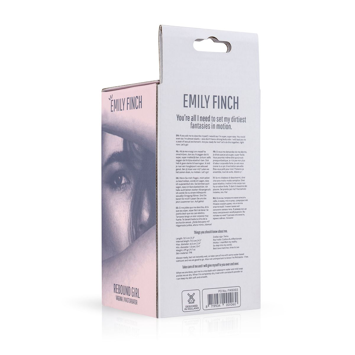 Produktbox für Sexspielzeug, mit Text und einem Frauengesicht. Die Marke ist Emily Finch.