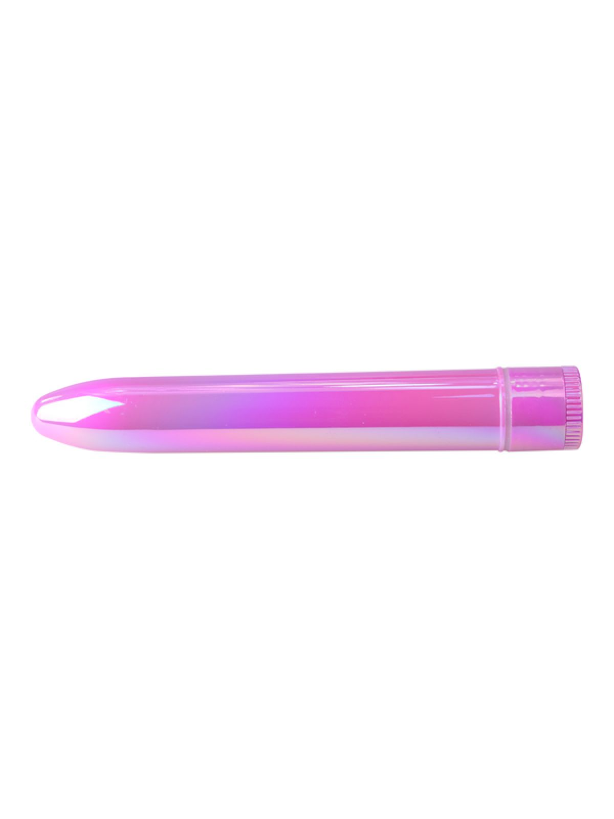 Ein rosa schillernder Vibrator liegt horizontal vor einem weißen Hintergrund.