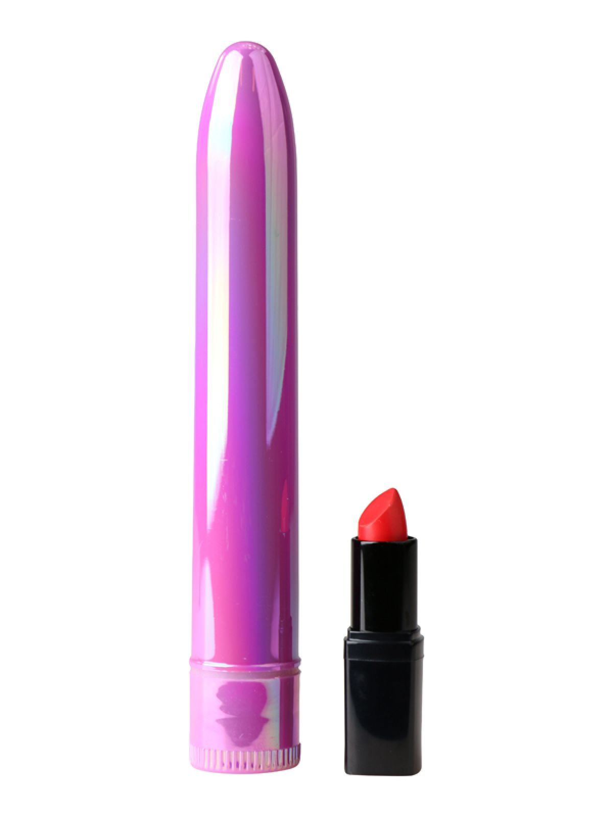 Ein rosa Vibrator und ein roter Lippenstift auf weißem Hintergrund.
