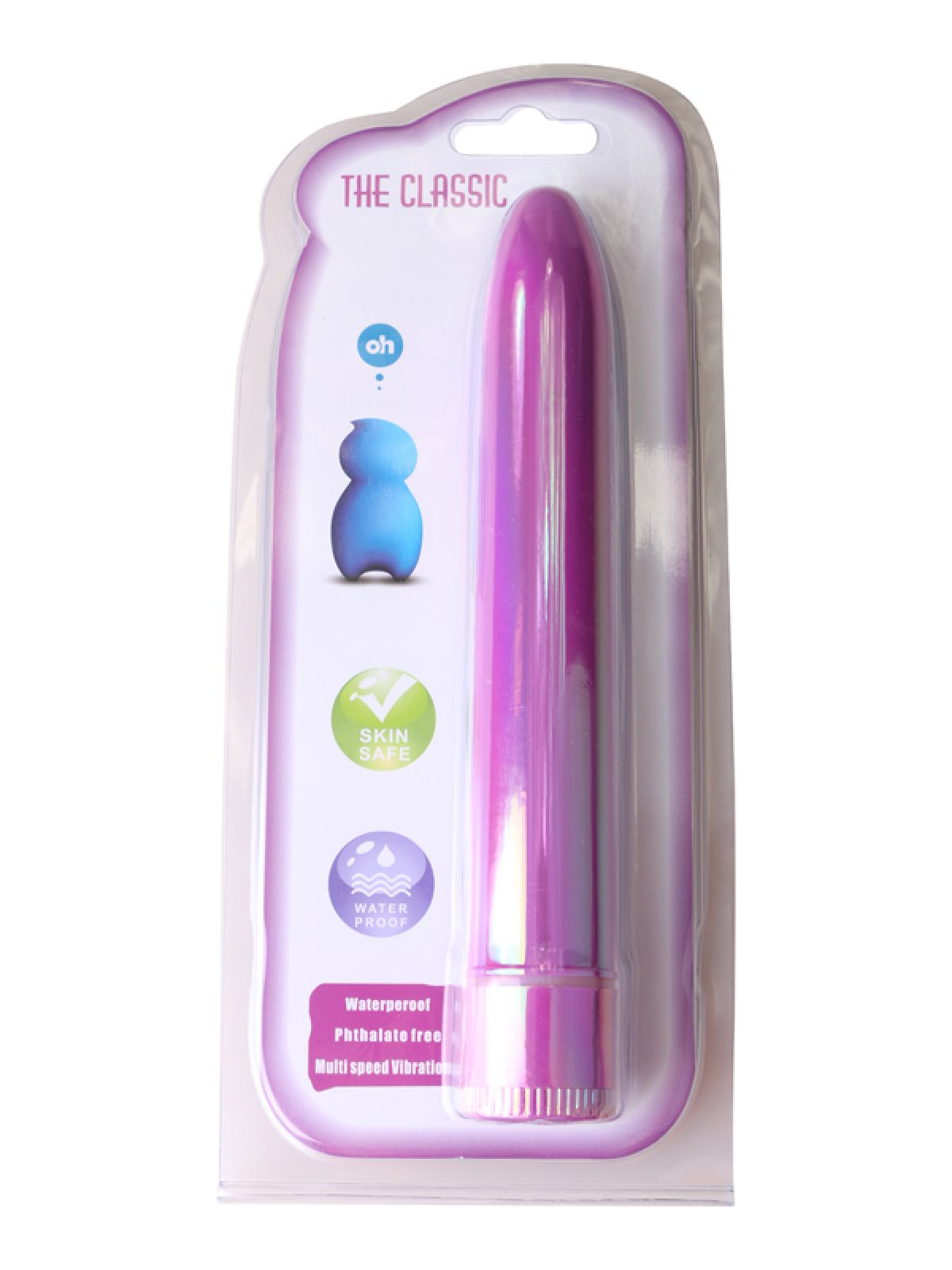 Ein lila Vibrator in einer durchsichtigen Plastikverpackung. Die Verpackung hat eine blaue Figur und Etiketten für hautfreundlich und wasserdicht.