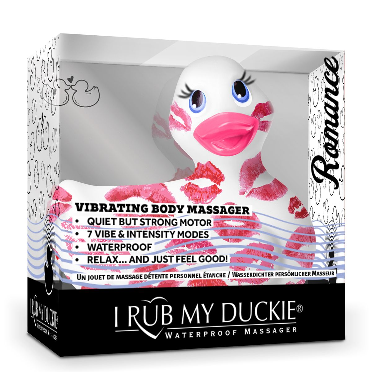 Eine weiße Quietscheente mit roten Lippenstiftflecken. Text: vibrierender Körpermassager, wasserdicht, I Rub My Duckie.