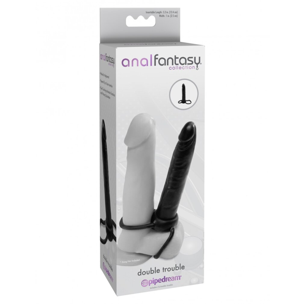 Produktverpackung für 'Double Trouble' Dildos. Sie zeigt einen weißen und einen schwarzen Dildo mit dem Markennamen 'analfantasy' und 'pipedream'.