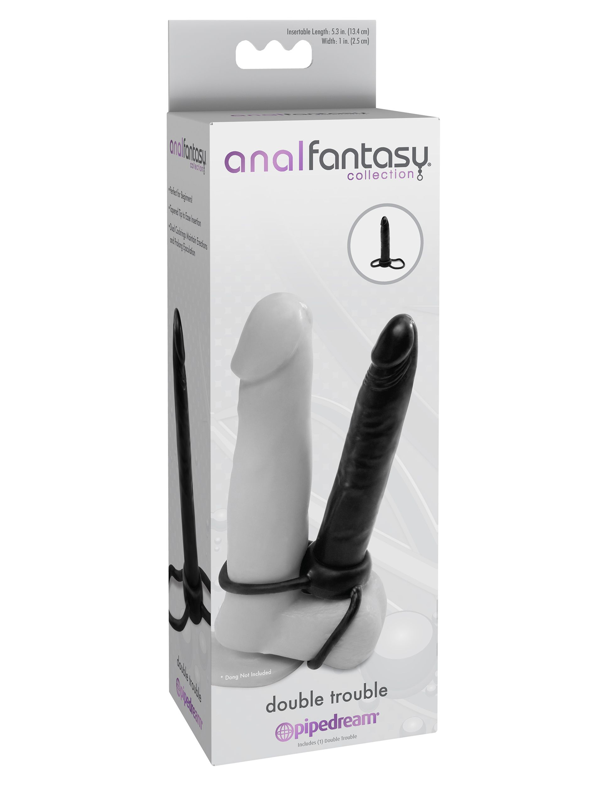Verpacktes Sexspielzeug. Es enthält einen weißen und einen schwarzen Dildo. Die Schachtel ist weiß mit Text und Logos.