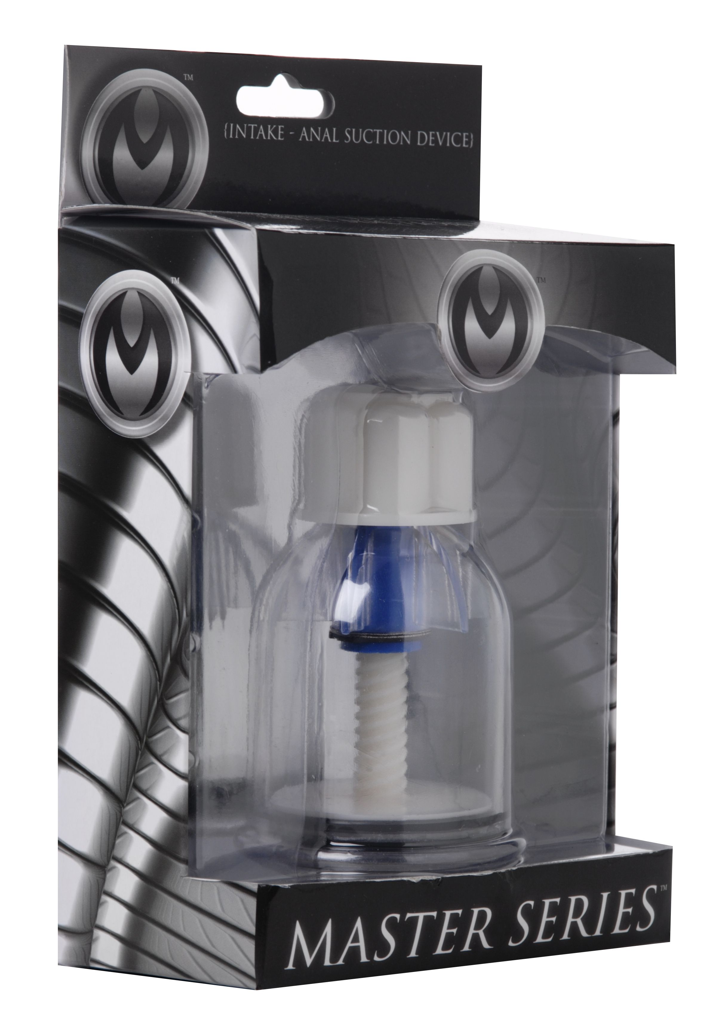 Ein durchsichtiges Kunststoffgerät mit weißer Basis und blauem Oberteil, beschriftet mit 'Master Series' und 'Intake - Anal Suction Device'.