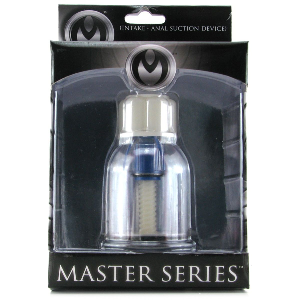 Ein klares Plastikgerät mit der Aufschrift 'Master Series' und 'Anal Suction Device'. Das Gerät hat einen weißen Deckel und eine blaue Komponente.