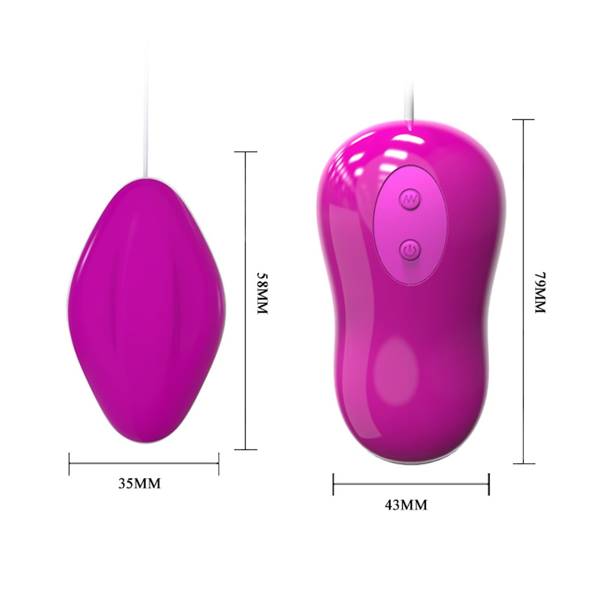 Zwei rosa Sexspielzeuge sind abgebildet. Eines ist oval, das andere hat Knöpfe. Abmessungen: 58 mm, 79 mm, 35 mm und 43 mm.