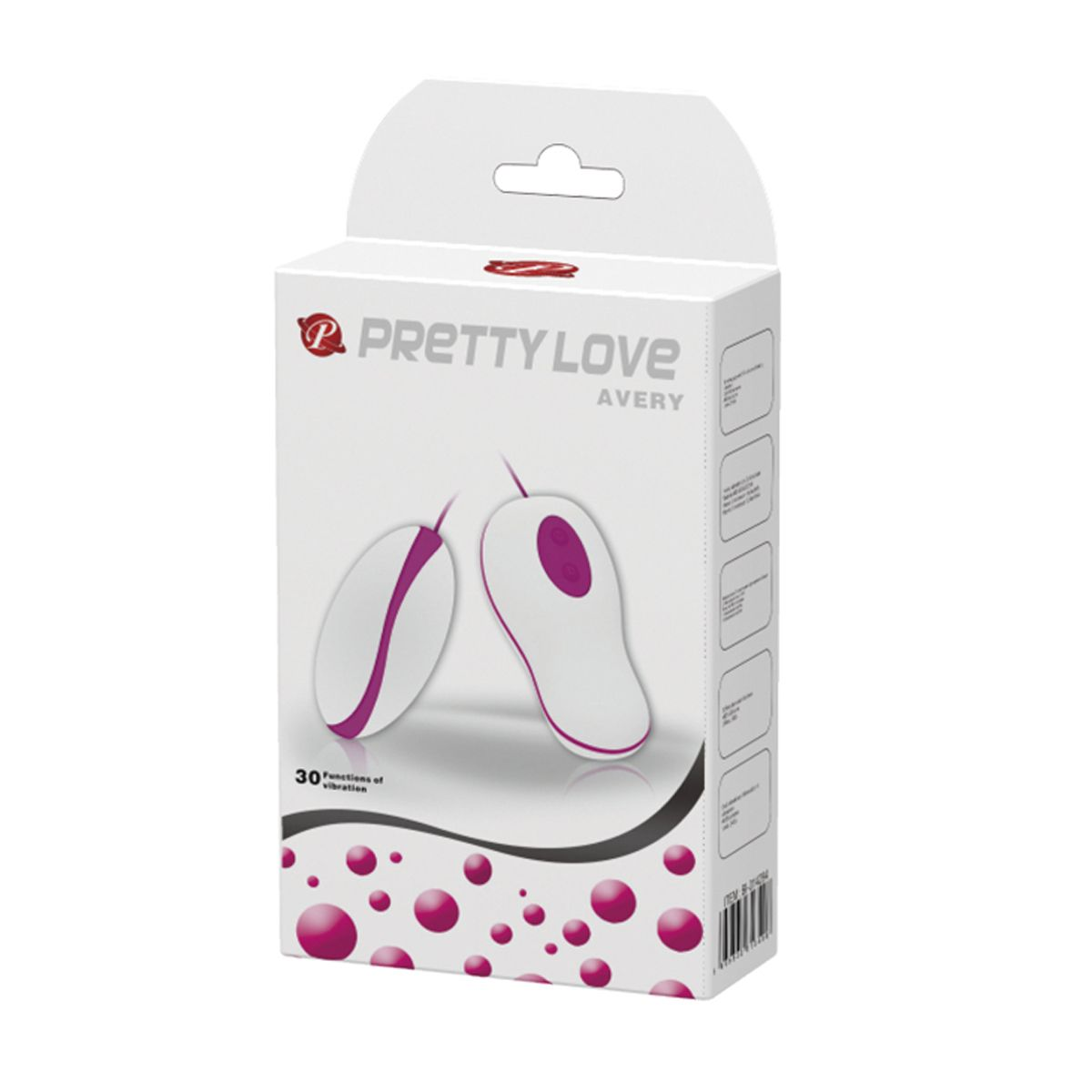 Eine weiße Schachtel mit dem Text 'Pretty Love Avery'. Es zeigt zwei weiße Sexspielzeuge mit lila Details und rosa Punkten.