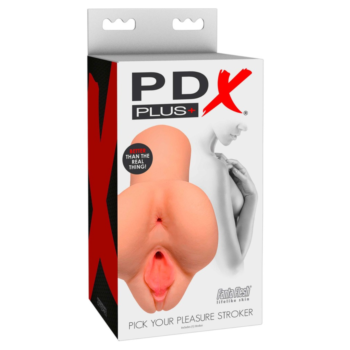 Box mit einem fleischfarbenen Sexspielzeug. Die Box hat Text, ein rotes X und ein Bild einer Frau. Es steht 'Pick Your Pleasure Stroker'.