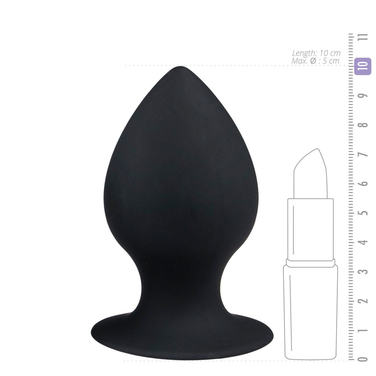 Schwarzer Anus-Plug mit tropfenförmiger Spitze. Eine Skala daneben zeigt die Größe im Vergleich zu einem Lippenstift.