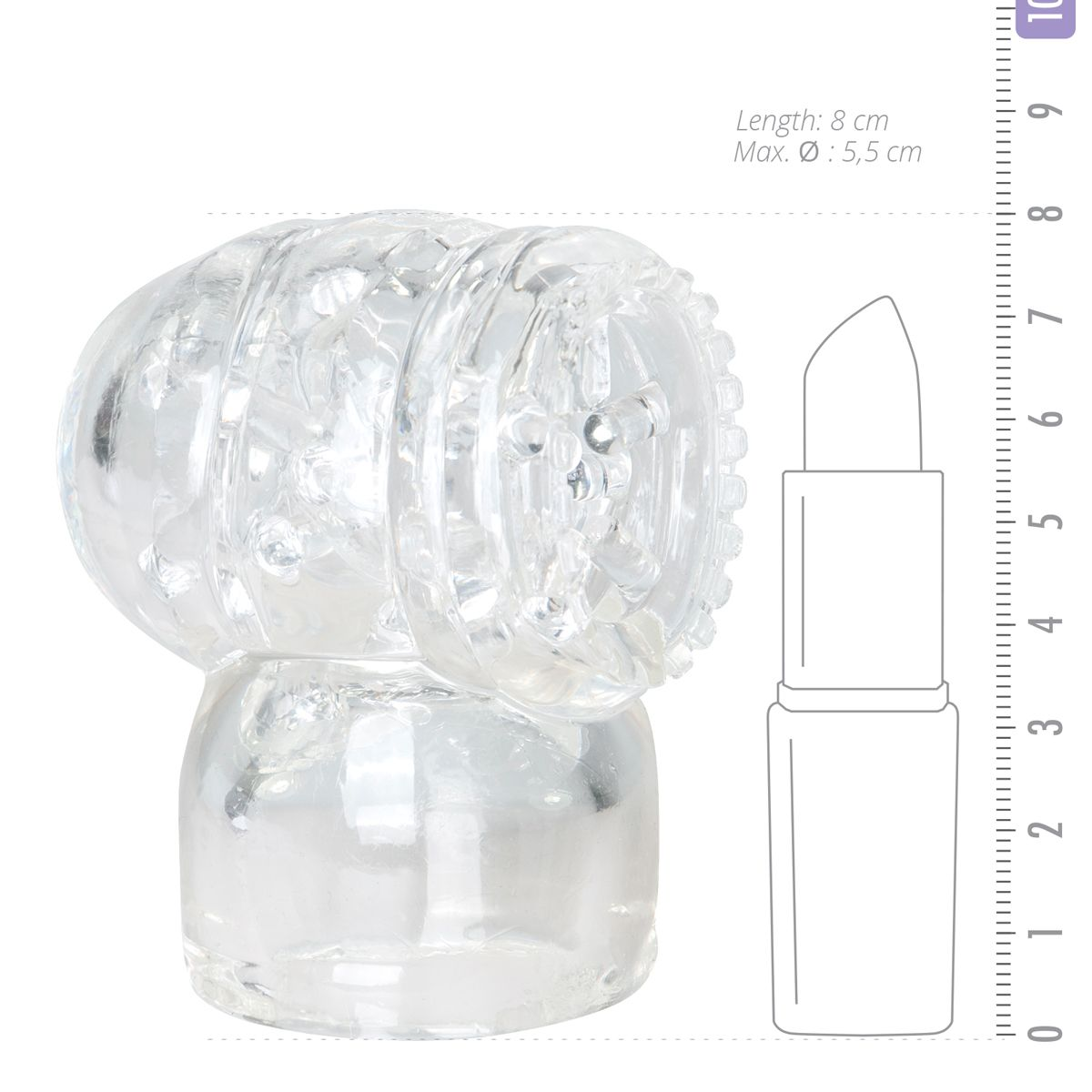 Ein durchsichtiges, strukturiertes Sexspielzeug mit Abmessungen, neben einer Lippenstiftkontur und einem Lineal. Das Spielzeug ist 8 cm lang, max. 5,5 cm Durchmesser.