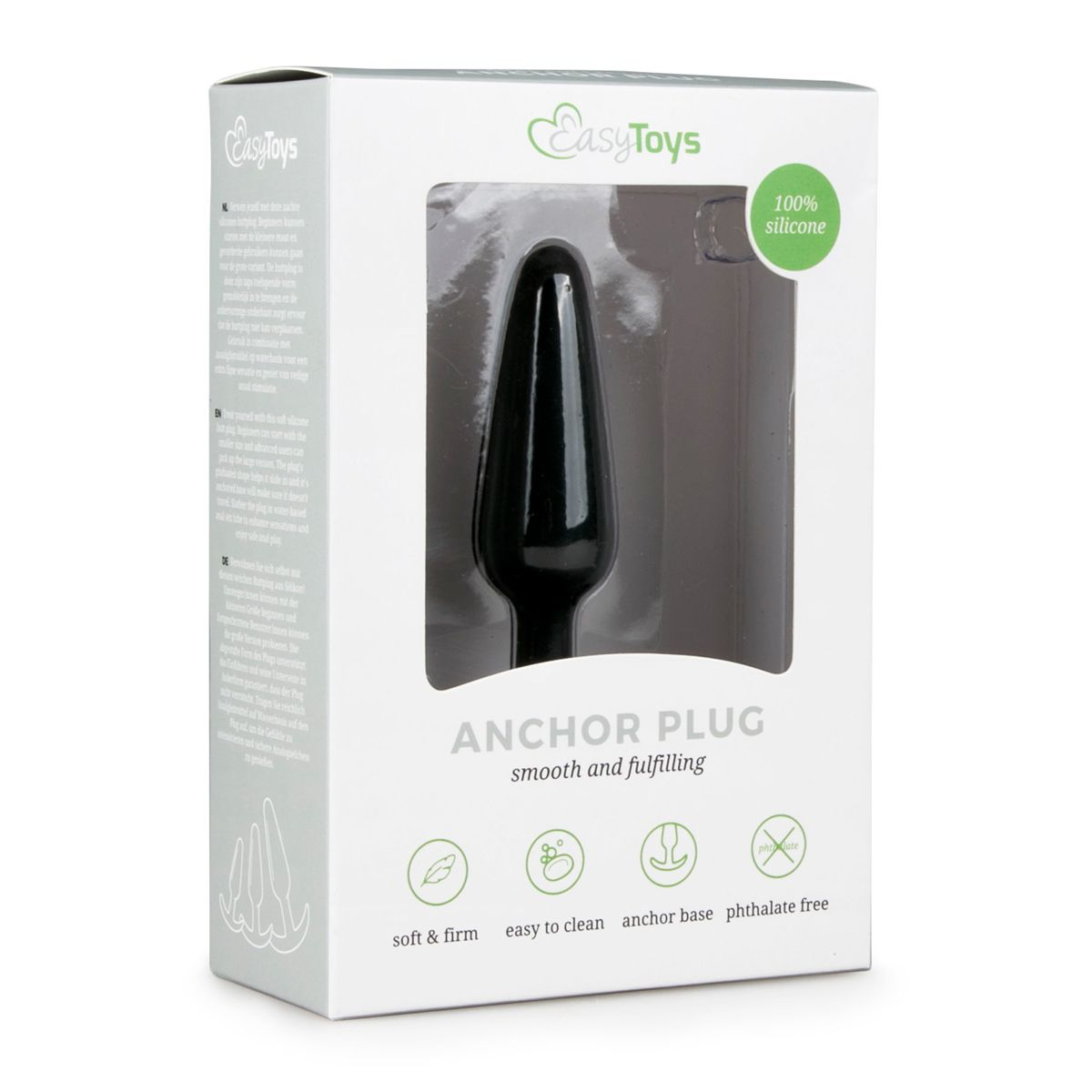 Ein schwarzer Analplug in einer weißen Schachtel mit dem Logo 'EasyToys'. Die Schachtel hat auch Text und Symbole.