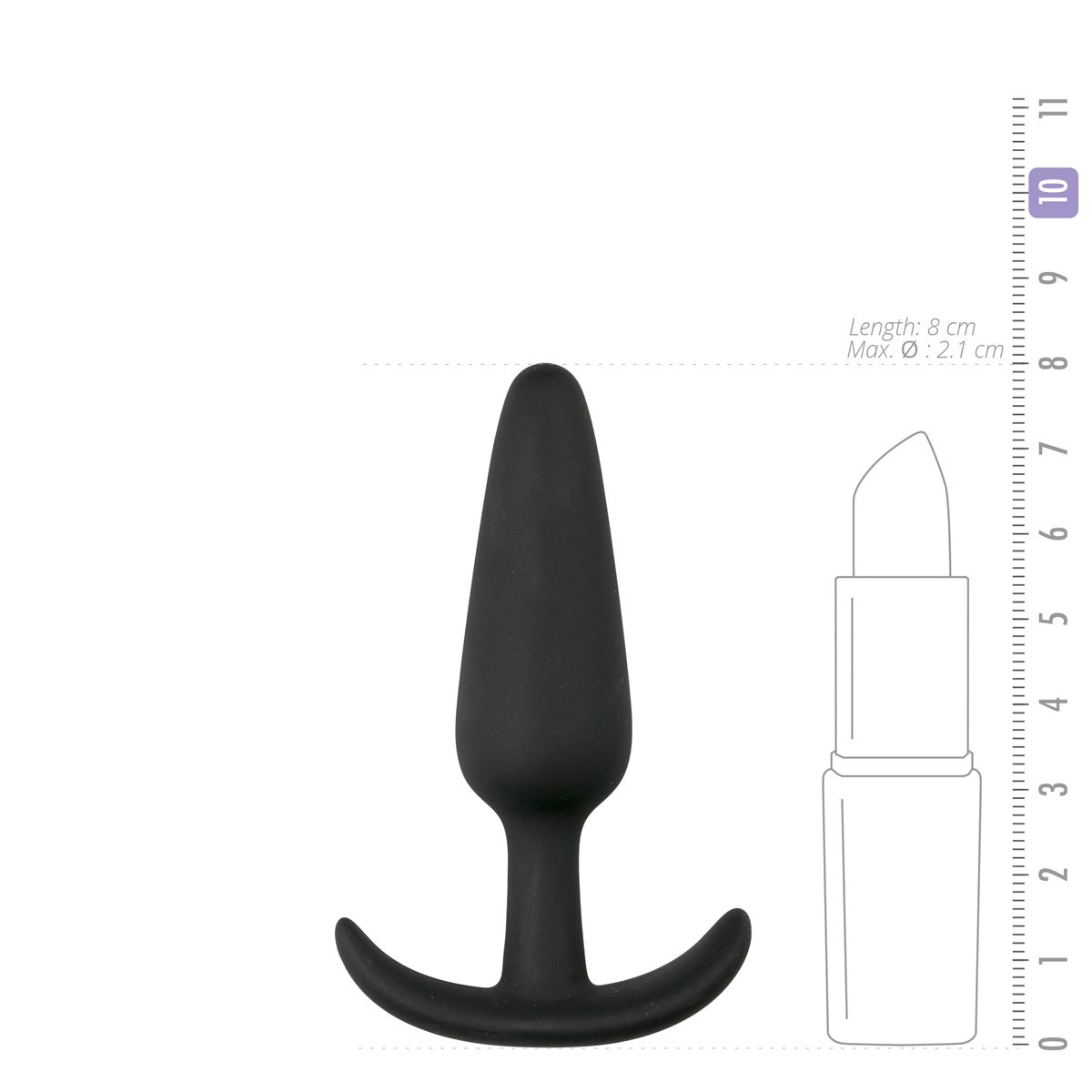Ein schwarzer Analplug mit T-förmiger Basis und konischer Spitze. Ein Lineal daneben zeigt seine 8 cm Länge. Eine Lippenstiftform ist ebenfalls vorhanden.