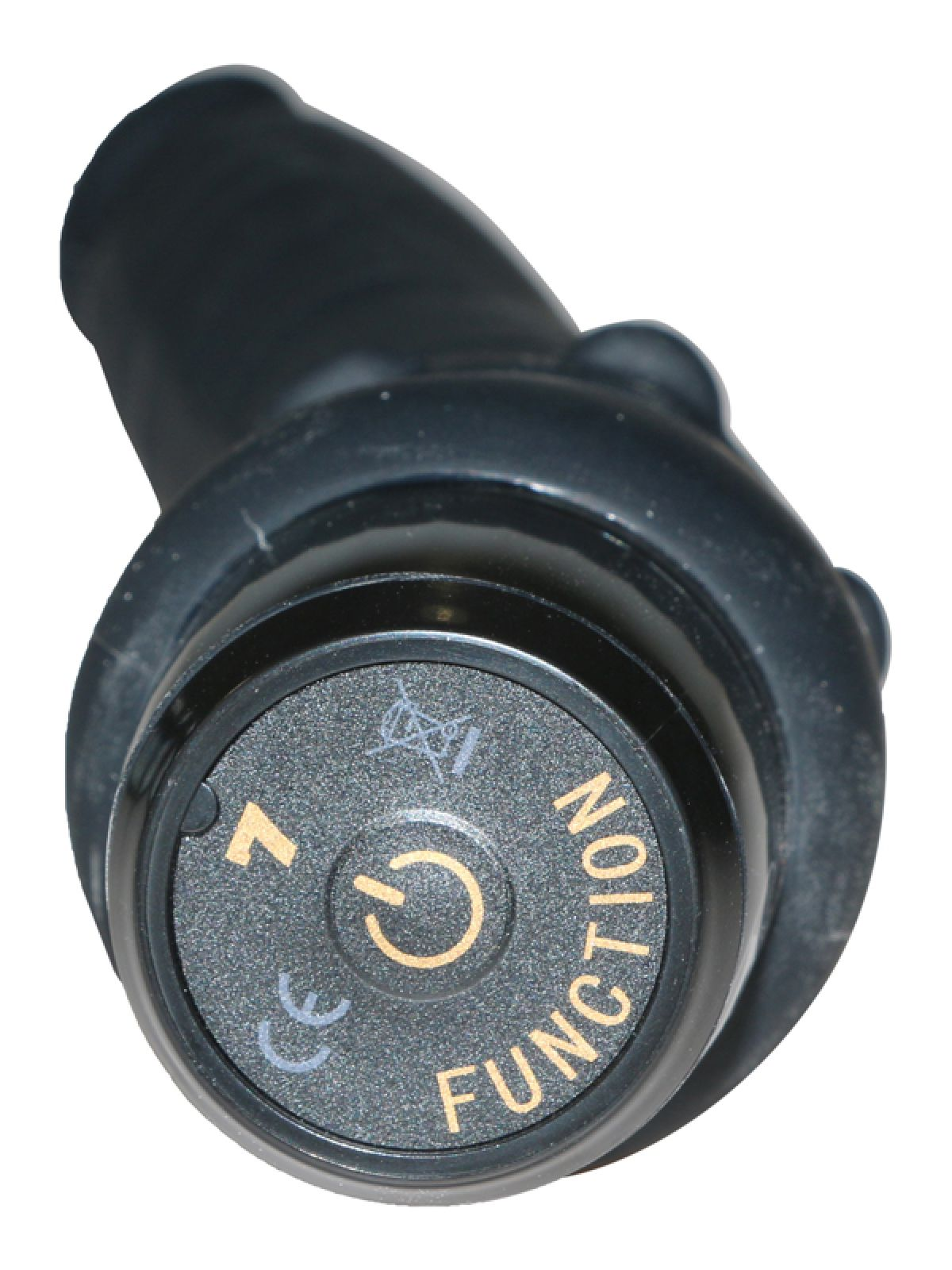 Ein schwarzes Gerät mit einem runden Knopf mit der Aufschrift 'FUNCTION' und einem Stromsymbol. Der obere Teil ist zylindrisch.