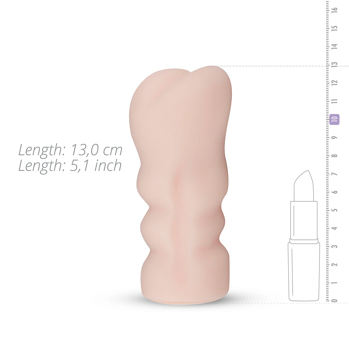 Ein hellrosa Sexspielzeug befindet sich neben einem Lineal, mit Text, der seine Länge angibt. Ein Lippenstift befindet sich neben dem Lineal.