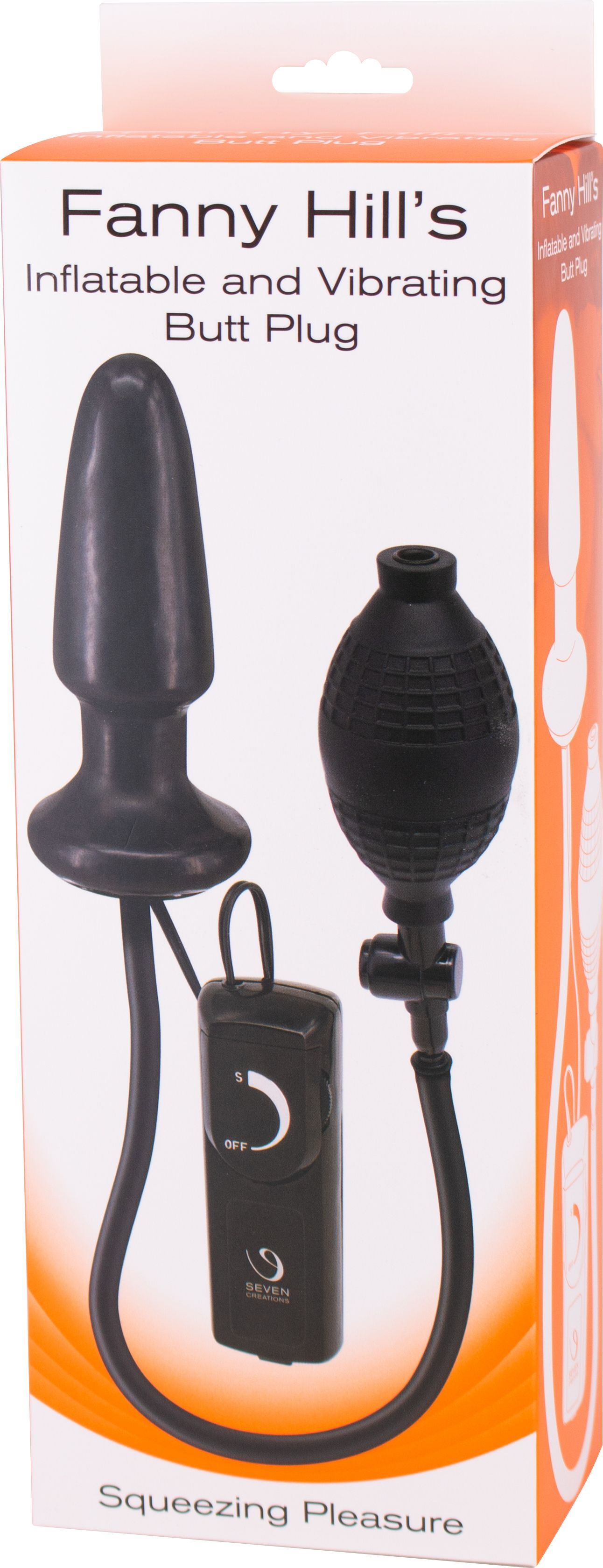 Schachtel mit schwarzem Buttplug, Pumpe und Steuerung. Text: 'Fanny Hill's Inflatable and Vibrating Butt Plug'.