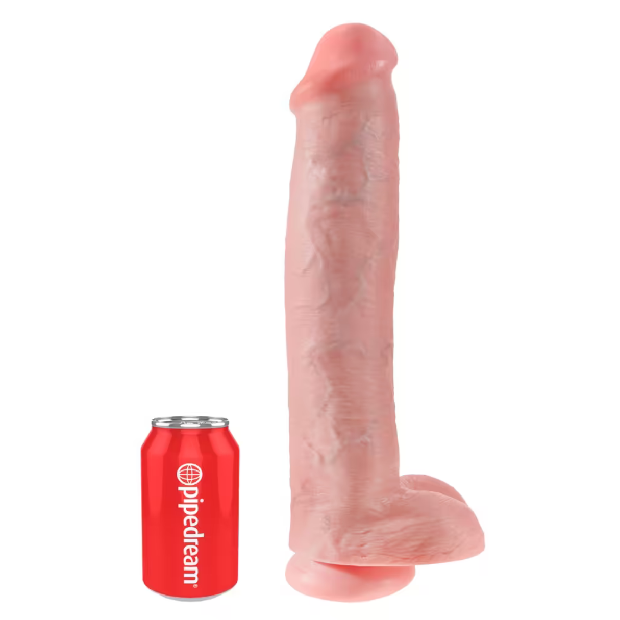 Ein rosafarbener Dildo steht neben einer roten Dose mit der Aufschrift 'pipedream'.