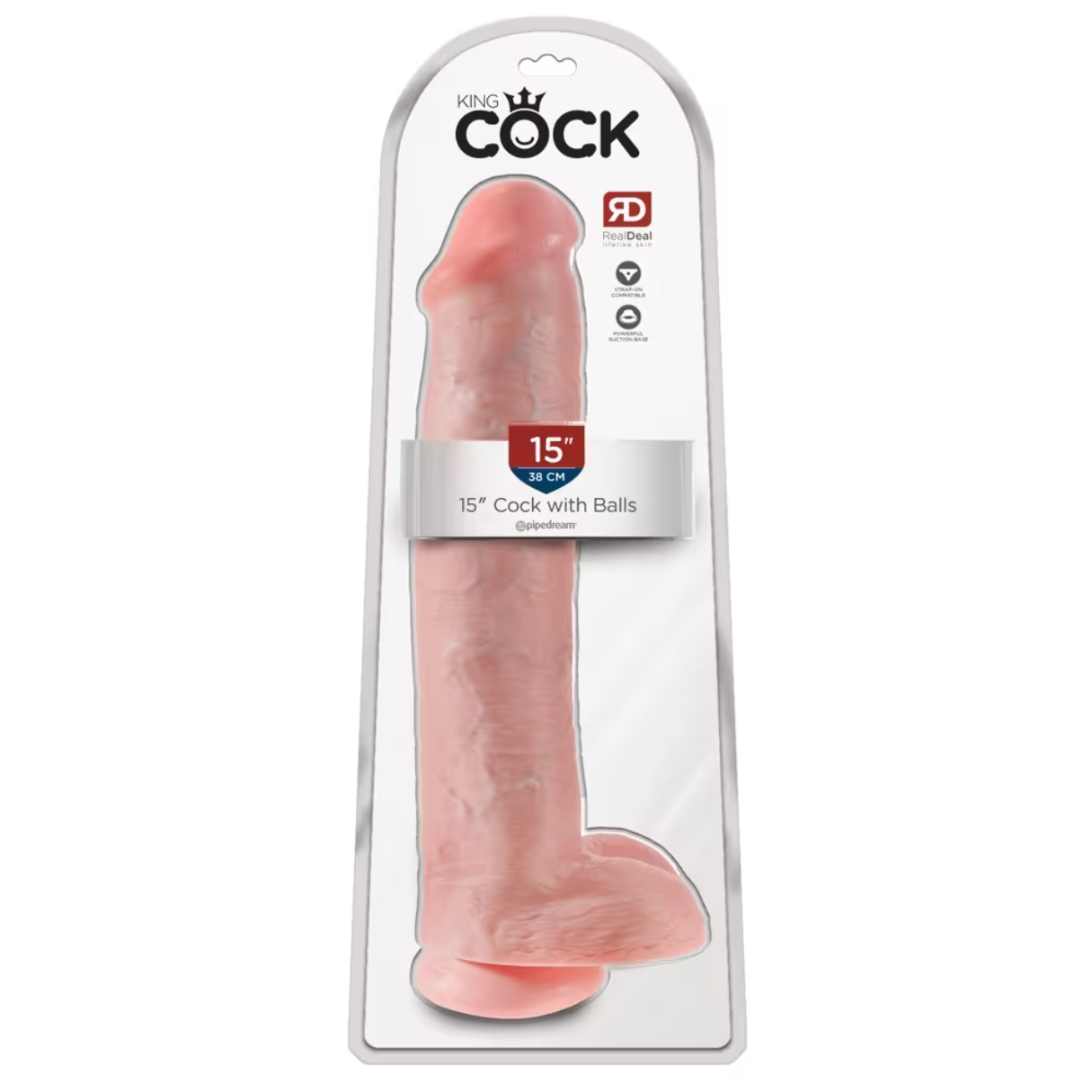 Ein rosafarbener Dildo in einer durchsichtigen Plastikverpackung. Die Verpackung trägt den Markennamen 'King Cock' und Produktdetails.