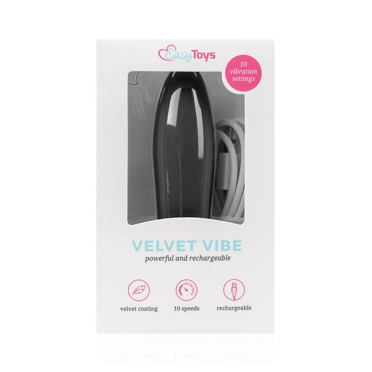 Eine weiße Schachtel mit einem schwarzen Sexspielzeug. Text sagt 'VELVET VIBE' und 'EasyToys'.