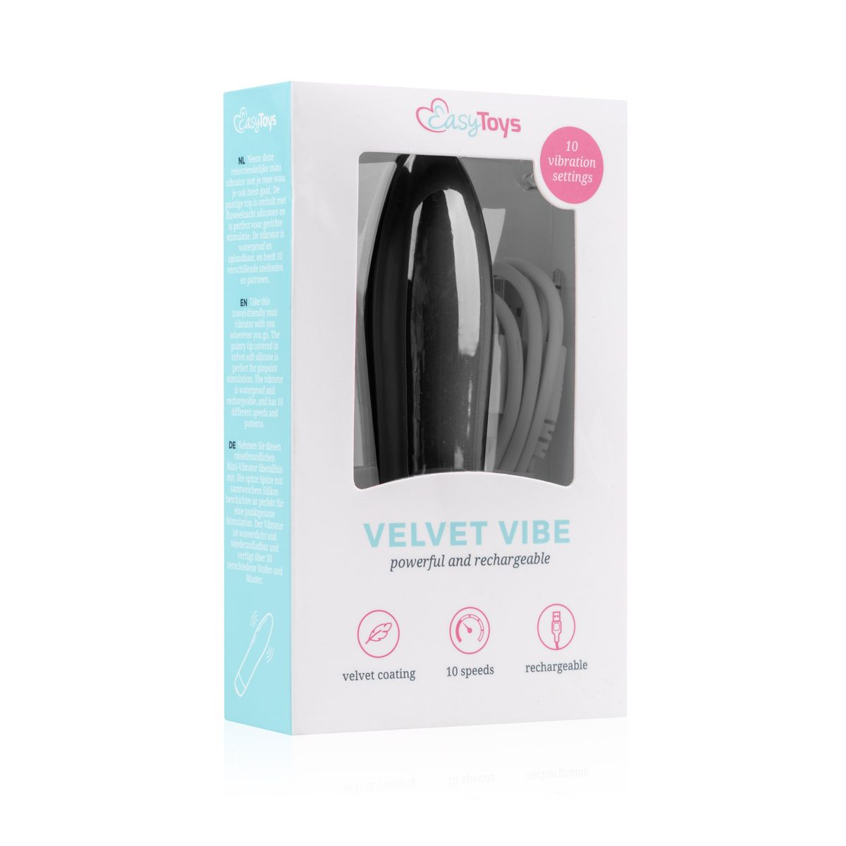 Eine Schachtel mit einem schwarzen, samtartigen Vibrator. Text: 'VELVET VIBE powerful and rechargeable', 10 Geschwindigkeiten.