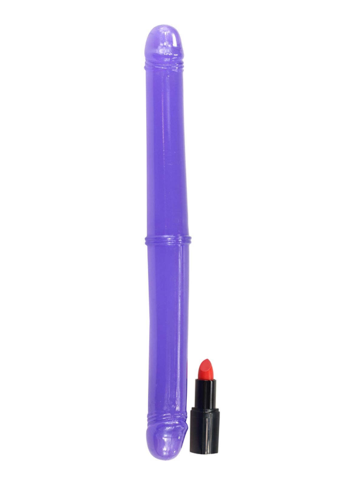 Ein lila Sexspielzeug und ein roter Lippenstift auf weißem Hintergrund.