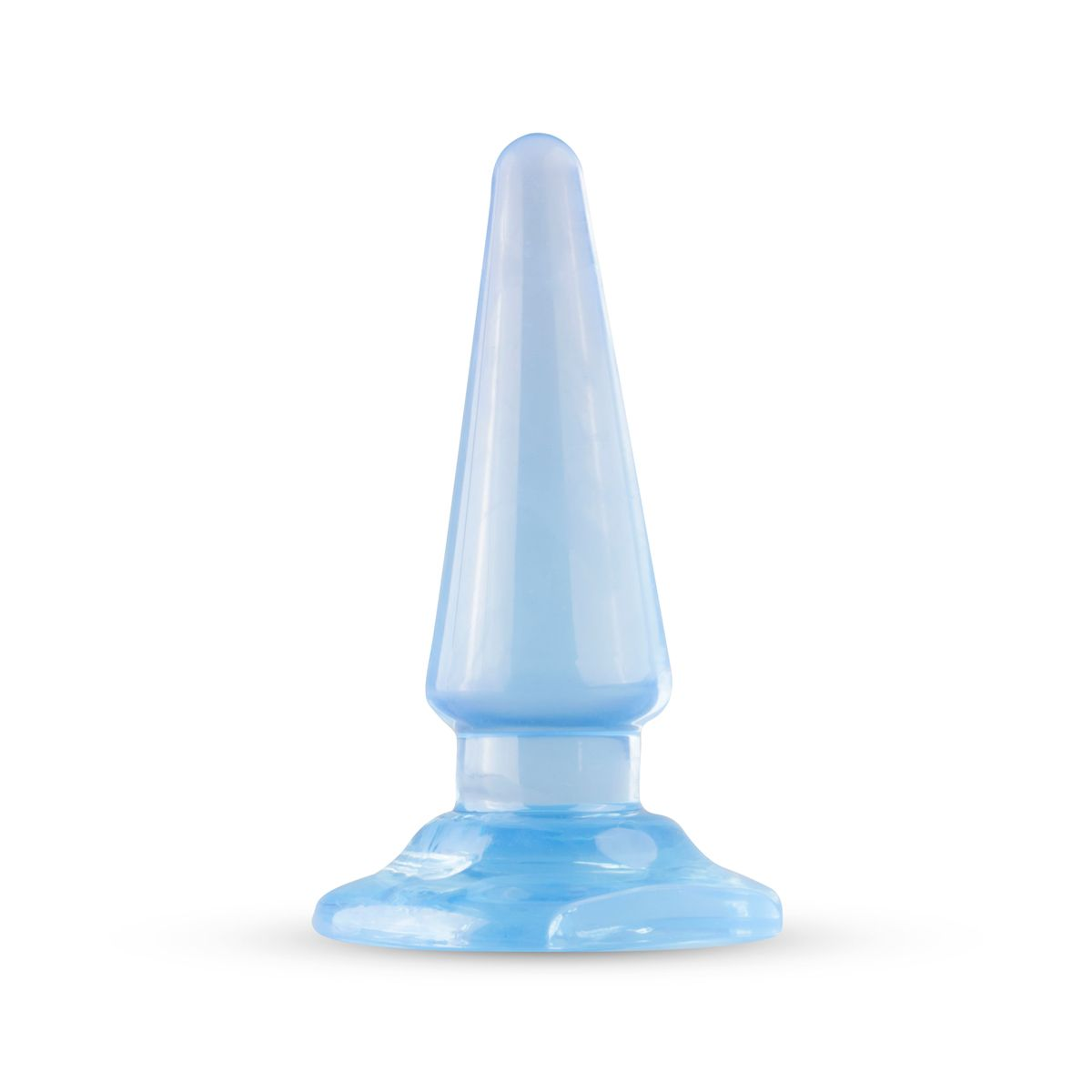 Ein hellblaues, glasartiges Analplug. Es hat eine abgerundete Spitze, einen konischen Körper und eine ausgestellte Basis. Der Hintergrund ist weiß.