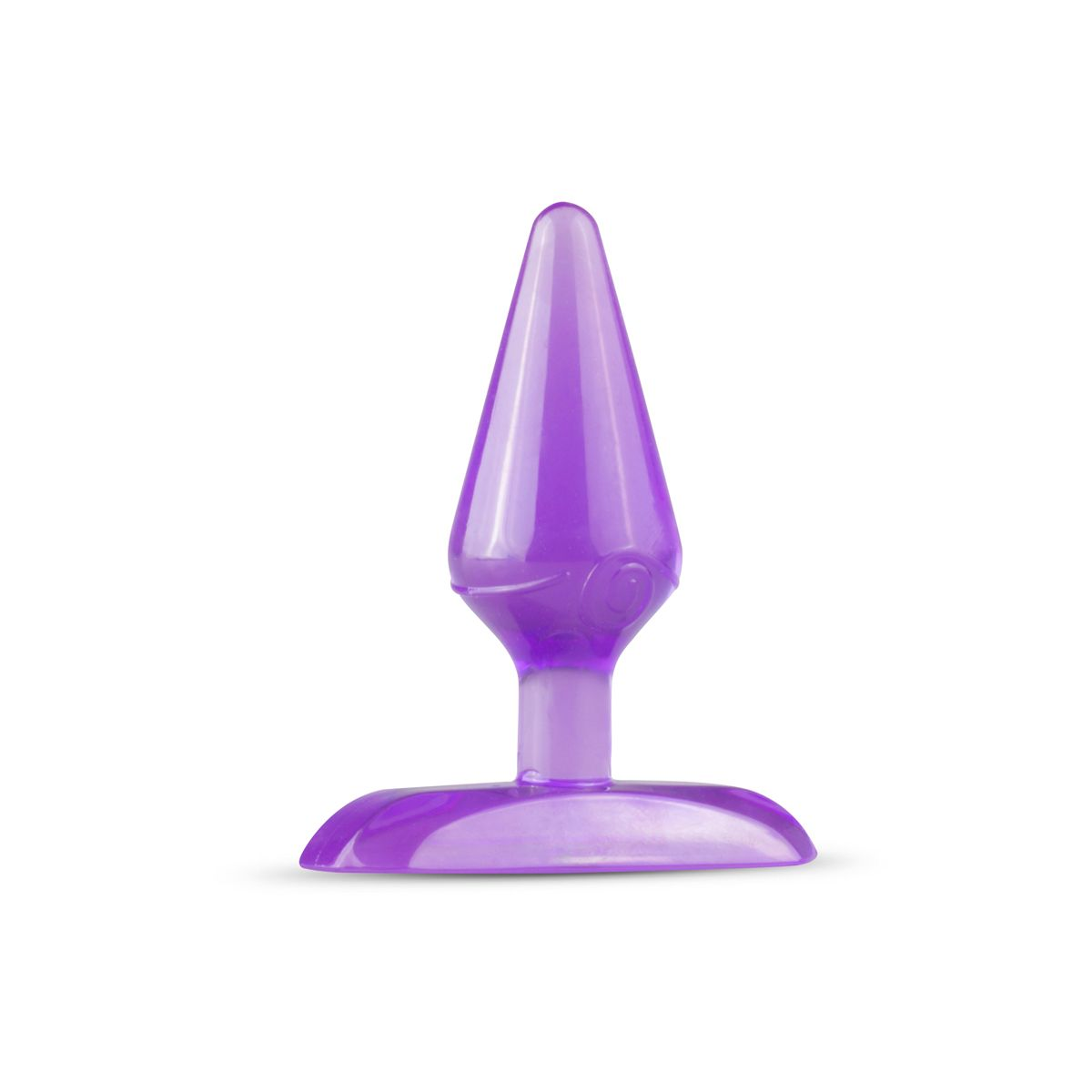 Ein lila, spitz zulaufender Anus-Plug mit breiter, flacher Basis. Es ist glänzend und steht auf weißem Hintergrund und wirft einen Schatten.