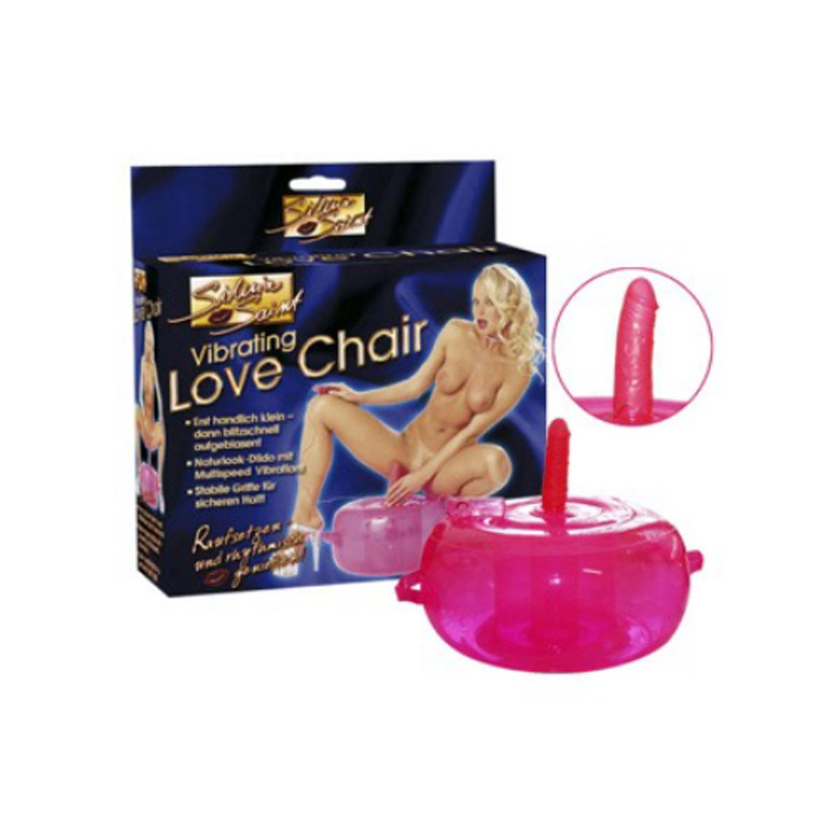 Auf der Produktbox ist eine nackte Frau auf einem pinkfarbenen Vibrationsstuhl zu sehen. Ein kleineres Bild zeigt einen roten Dildo.