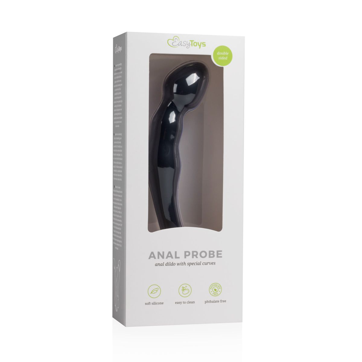 Ein schwarzer Analprobe in einer weißen Box mit dem Logo "EasyToys". Der Text lautet "ANAL PROBE anal dildo with special curves".
