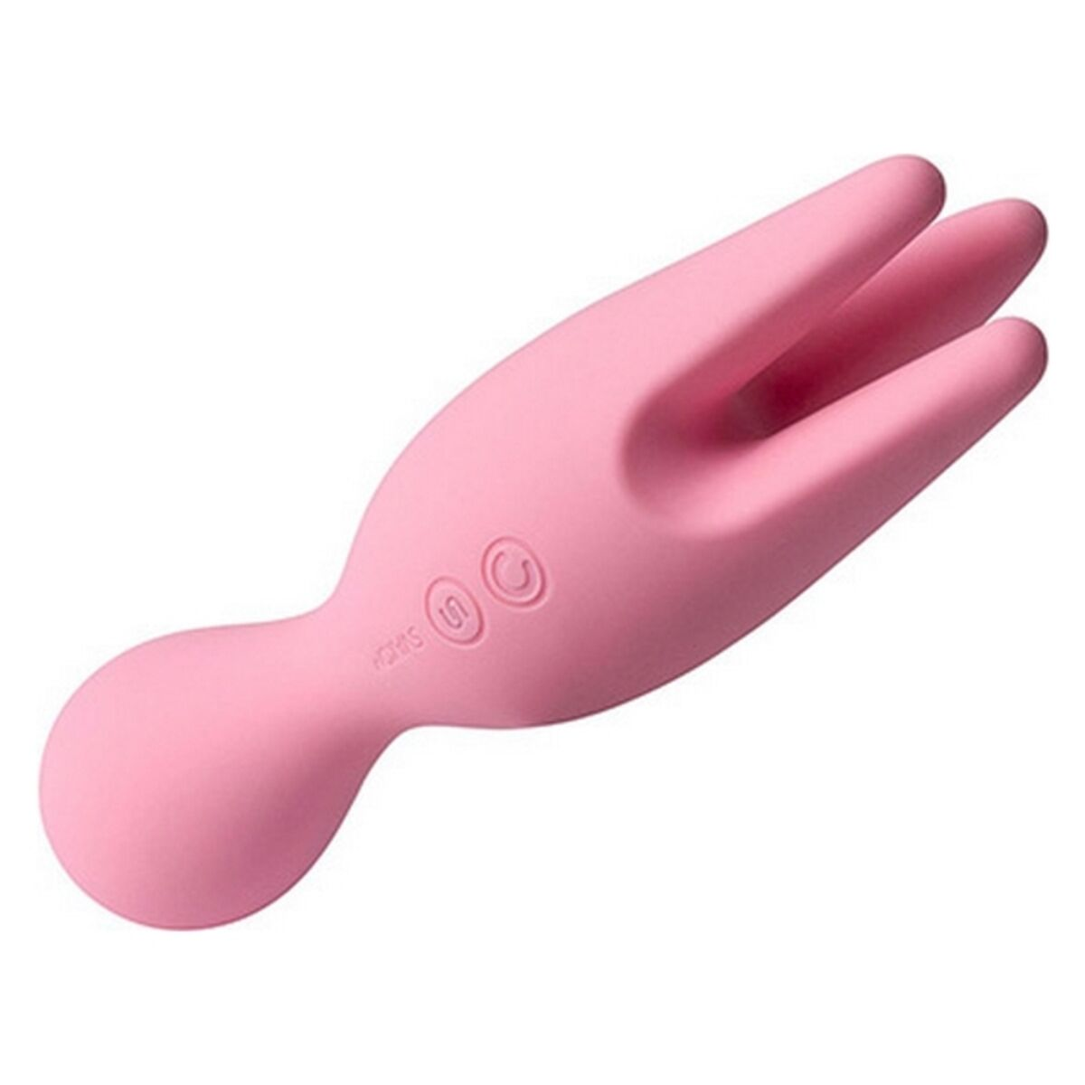 Ein rosa Sexspielzeug mit gegabeltem Ende und abgerundeter Basis. Es hat drei kreisförmige Knöpfe. Der Markenname ist sichtbar.