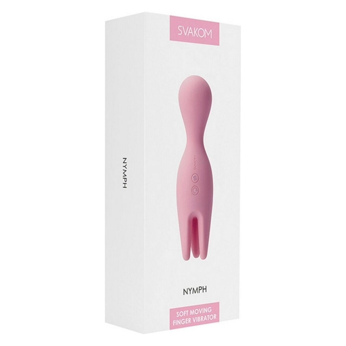 Ein rosa Vibrator befindet sich auf einer weißen Schachtel. Die Schachtel trägt oben das Wort SVAKOM. Der Produktname lautet NYMPH.