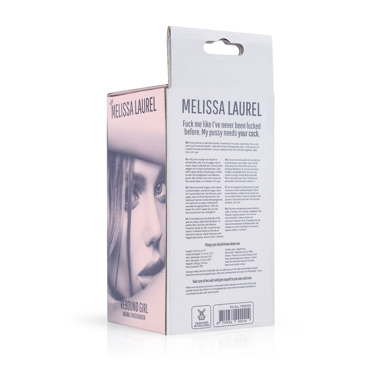 Eine weiße und rosa Schachtel mit Text und einem Frauengesicht. Es ist eine Sexspielzeugverpackung.