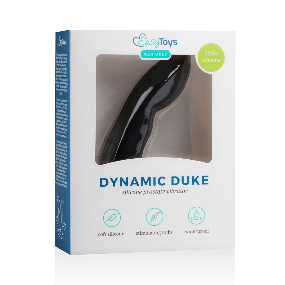 Eine Schachtel mit einem schwarzen Sexspielzeug. Der Text lautet 'Dynamic Duke', 'Silikon-Prostatavibrator', 'weiches Silikon' und 'wasserdicht'.