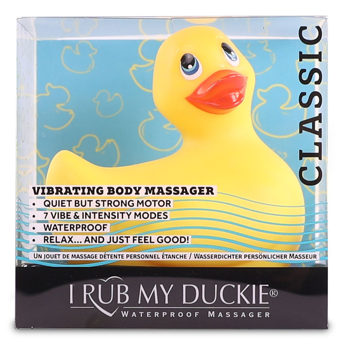 Ein gelber Quietschenten-Vibrator in einer Schachtel. Text: Vibrationskörper-Massagegerät, wasserdicht, entspannen. Marke: I Rub My Duckie.