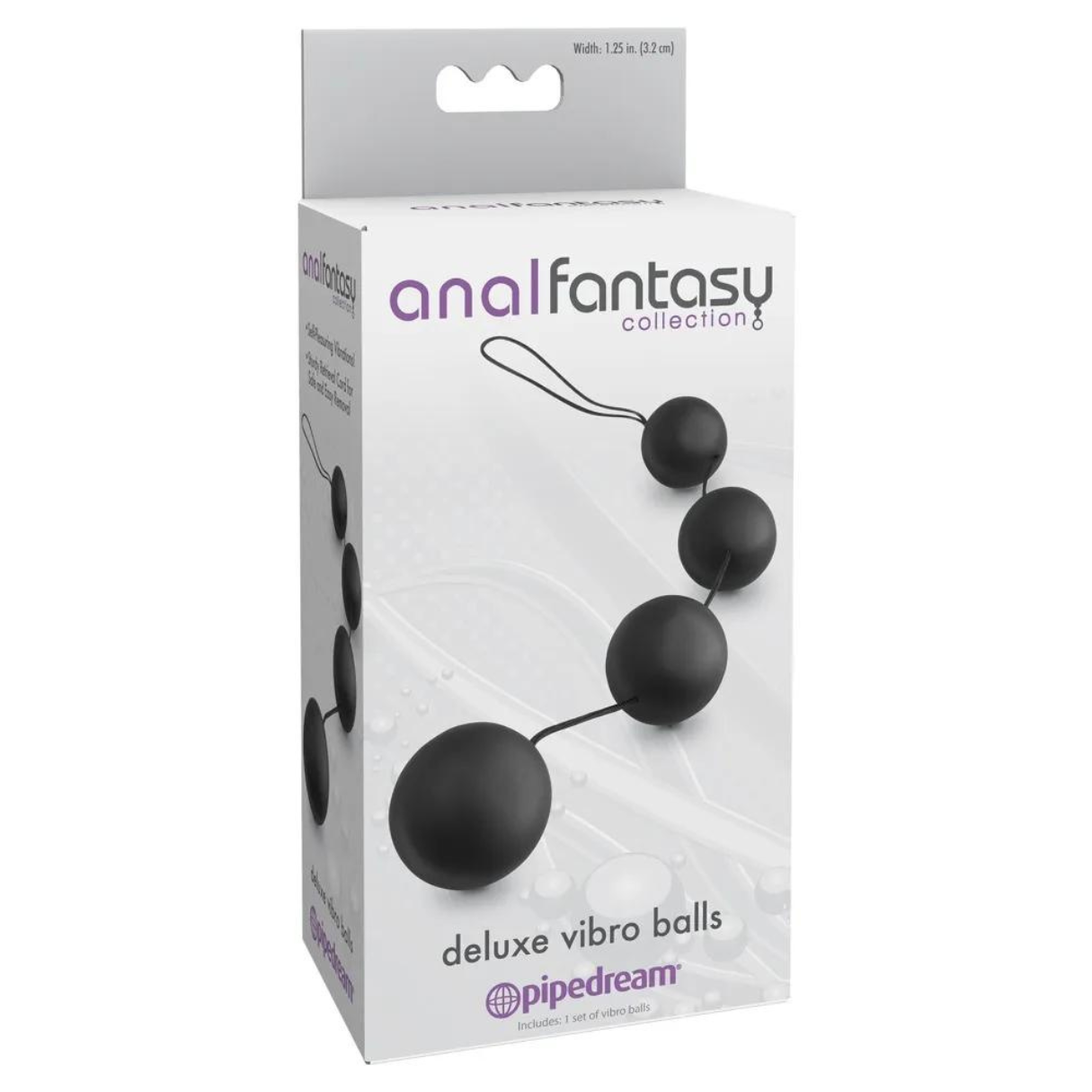 Produktverpackung für die 'analfantasy'-Kollektion mit schwarzen Vibro-Kugeln. Die Box hat Text und ein Produktbild.