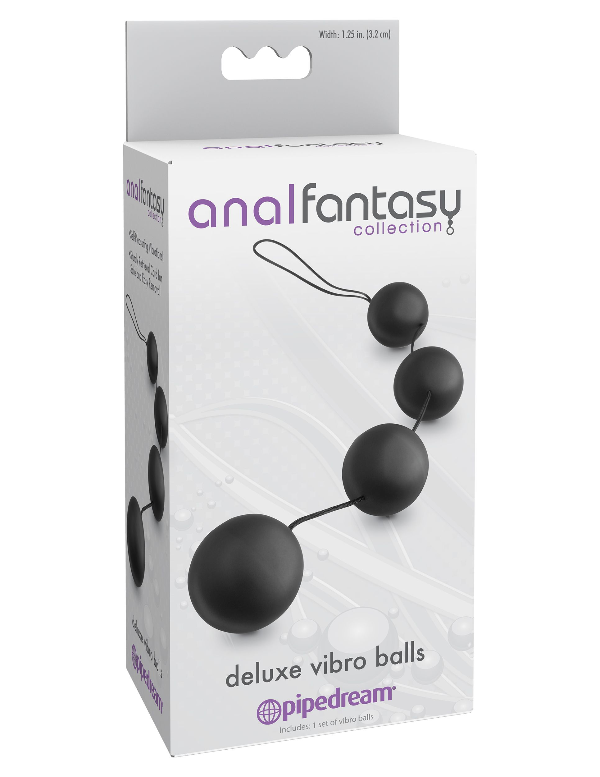 Schachtel mit schwarzen Anal-Fantasy-Deluxe-Vibro-Kugeln. Die Marke ist Pipedream. Die Kugeln sind durch eine Schnur verbunden.