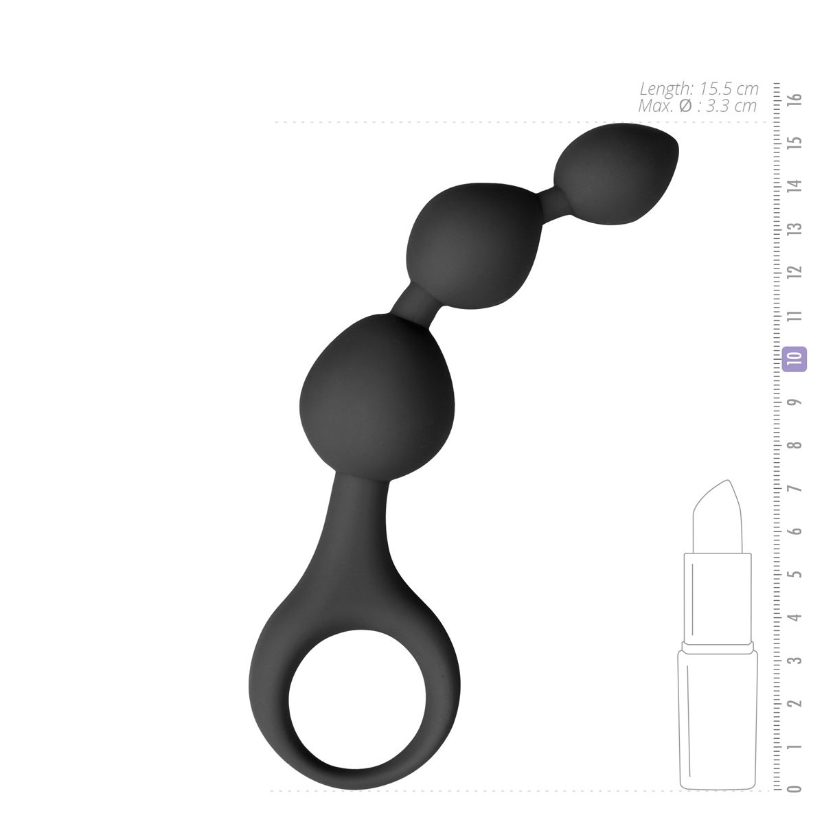 Schwarze Analperlen mit Ring neben Lippenstift und Lineal, das 15,5 cm Länge anzeigt.