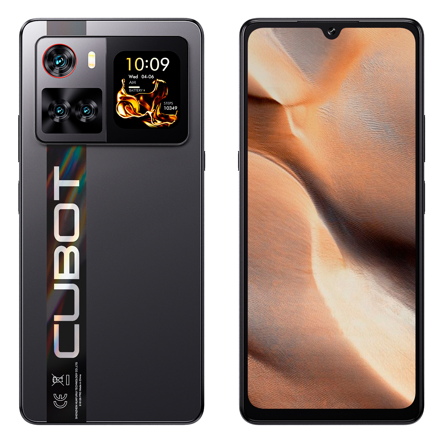 Smartfon, widok z tyłu, moduł aparatu, wyświetlacz zegara i nazwa marki. Widok z przodu pokazuje ekran.