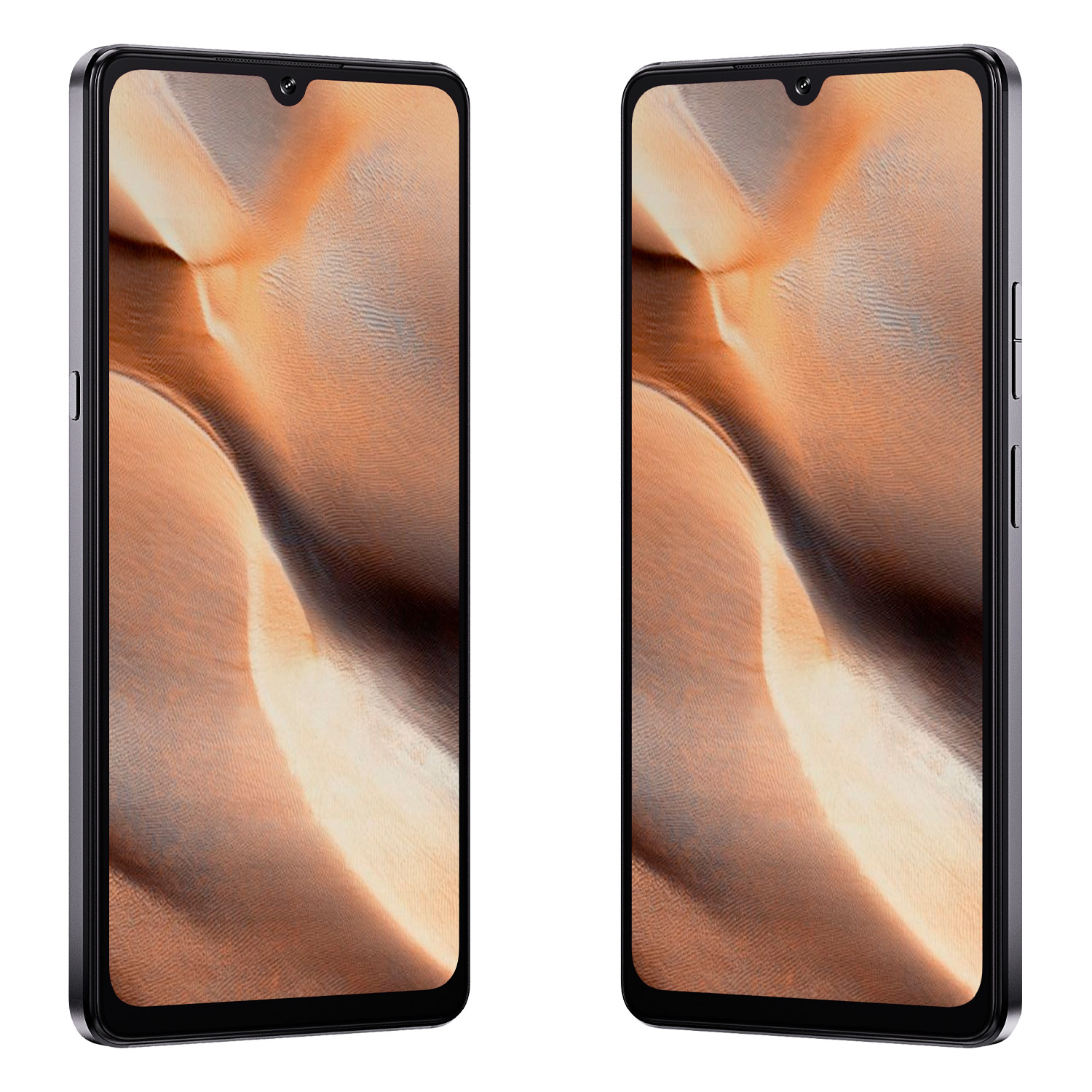 Dwa smartfony z czarnymi ramkami. Ekrany wyświetlają wzór tekstury beżu i brązu. Telefony są na białym tle.