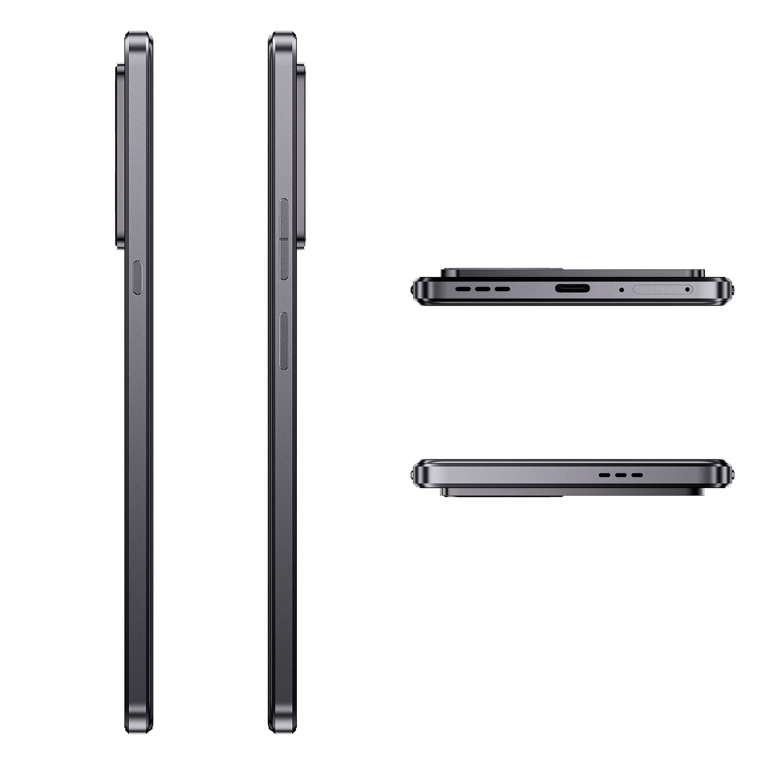 Ciemnoszary smartfon pokazany z wielu perspektyw: boki, góra i dół. Szczegóły obejmują przyciski, porty i wystającą kamerę.